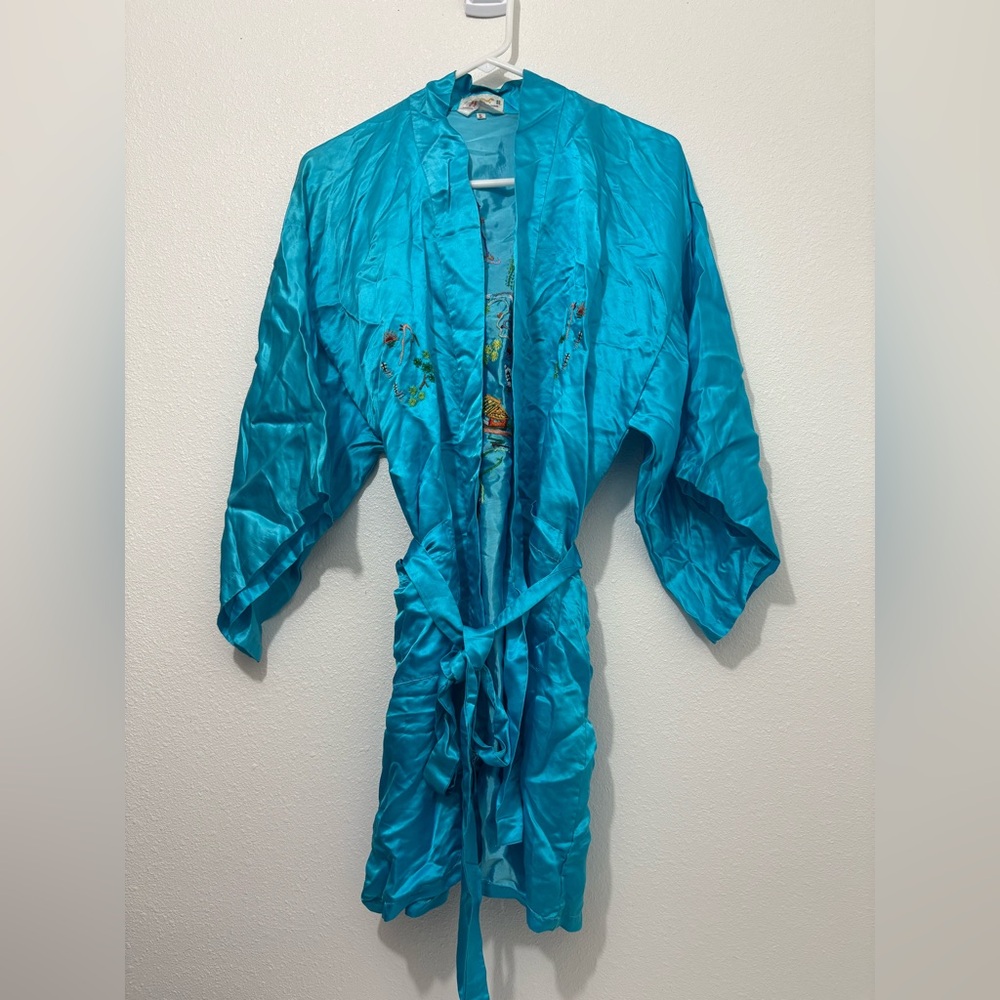 Golden Dragon Silk Long Kimono Robe Blue Hand Embroidery Size Small